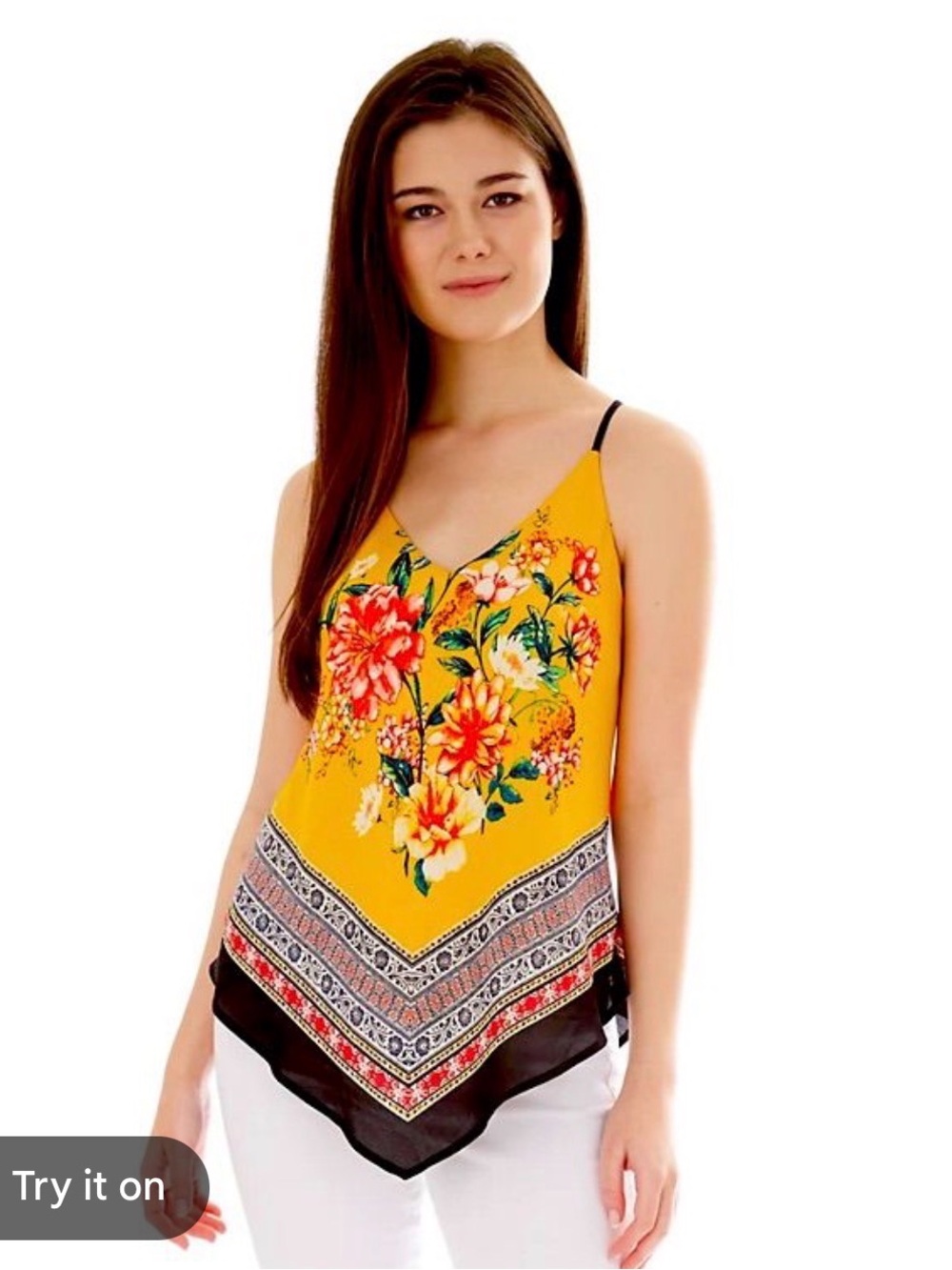 2 for $15 sale: A. Byer marigold yellow floral sleeveless blouse pointed hem - S